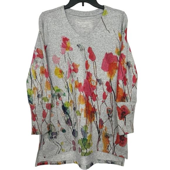 Soft Surroundings Gray Pink Floral Poppy V Neck Split Hem Tunic Top PS - Picture 1 of 11